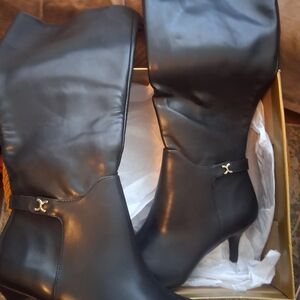 Charter Club Black Mid-Calf Heeled Boots with Gold Accent